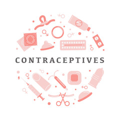 Obraz premium Vector flat contraception icons in circle. Square banner template. Collection of elements. Different contraceptive methods. Birth control and pregnancy prevention. Illustration.