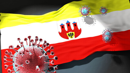 Covid in Boleslawiec - coronavirus attacking a city flag of Boleslawiec as a symbol of a fight and struggle with the virus pandemic in this city, 3d illustration