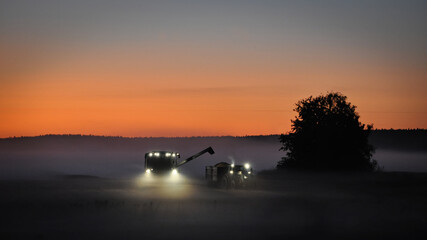 Combine harvester and tractor harvesting grains late at night in mist covered fields in the...
