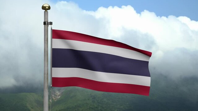 3D, Thai flag waving on wind at mountain. Thailand banner blowing, soft and smooth silk. Cloth fabric texture ensign background. Use it for national day and country occasions concept.-Dan