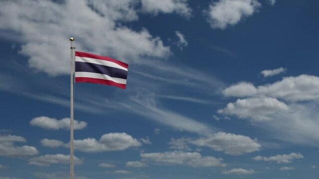 3D, Thai flag waving on wind with blue sky and clouds. Close up of Thailand banner blowing, soft and smooth silk. Cloth fabric texture ensign background.-Dan