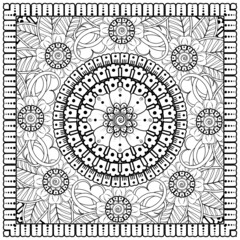 Outline square flower pattern in mehndi style for coloring book page