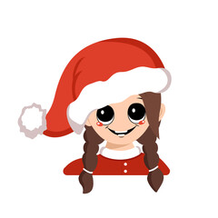 Avatar of a girl with big eyes and a wide happy smile in a red Santa hat. Cute kid with a joyful face in a festive costume for New Year and Christmas. Head of adorable child with joyful emotions