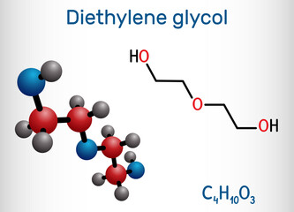 Diethylene glycol, DEG molecule. It is diol, solvent. Structural chemical formula and molecule model