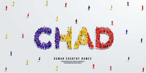 A large group of people stands, making up the word Chad. Chad flag made from people crowd. Vector illustration isolated on white background.