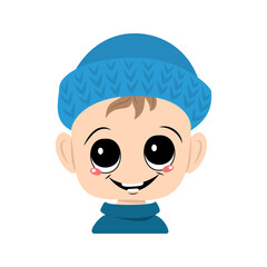 Avatar of a child with big eyes and a wide smile in a blue knitted hat. A cute kid with a joyful face in an autumnal or winter headdress. Head of adorable toddler with happy emotions