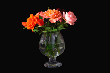 Bouquet of beautiful red roses in glass of water, on black isolated background