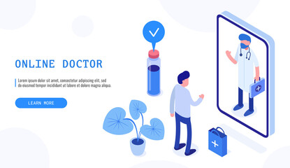 Healthcare online pharmacy concept. Male patient and doctor. Isometric web banner for landing page. Vector illustration.
