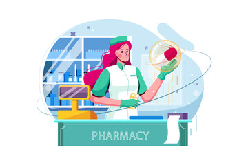 Doctor pharmacist in the drugstore Illustration concept. Flat illustration isolated on white background.