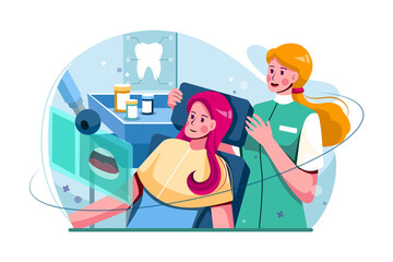 A woman sits in the dentist chair Illustration concept. Flat illustration isolated on white background.