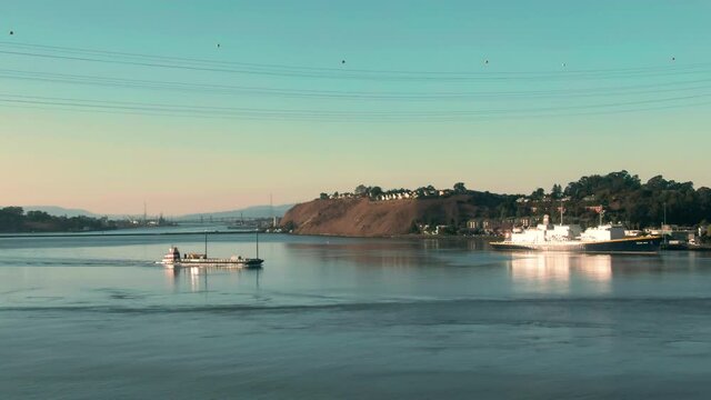 Aerial: Barge in San Pablo Bay heading into the Carquinez Strait. Vellejo, USA