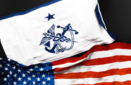 Flag of a 1 to Star Assistant Surgeon General along with a flag of the United States of America as a symbol of unity between them, 3d illustration