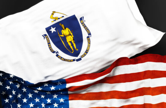 Flag of Massachusetts along with a flag of the United States of America as a symbol of unity between them, 3d illustration