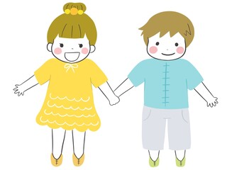 笑顔で手を繋ぐかわいい男の子と女の子