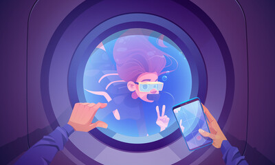 Underwater travel, woman diver wear mask, tube and oxygen balloon look inside of submarine porthole with human hands hold smartphone with navigation or area location pin, Cartoon vector illustration