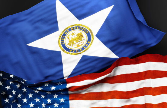 Flag of Houston Texas along with a flag of the United States of America as a symbol of unity between them, 3d illustration