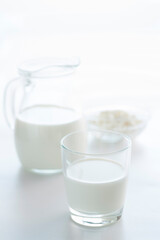 Milk in a jug and cottage cheese