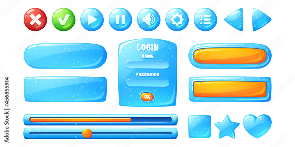 Poster buttons with blue jelly texture for user interface design in game. vector cartoon set of ui elements