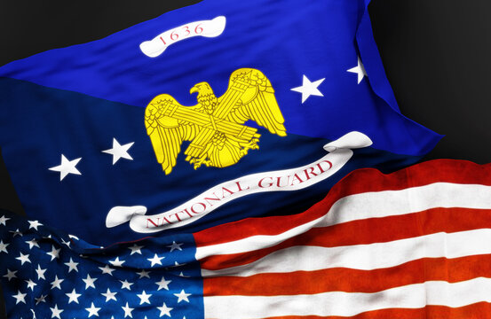 Flag of the National Guard Bureau along with a flag of the United States of America as a symbol of unity between them, 3d illustration