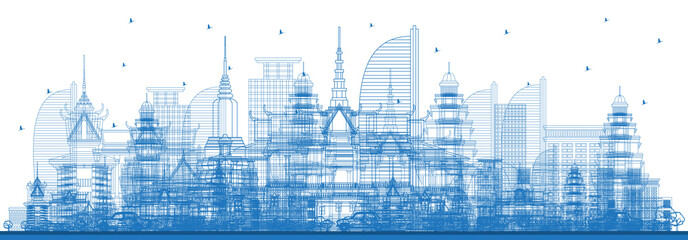 Outline Phnom Penh Cambodia City Skyline with Blue Buildings.