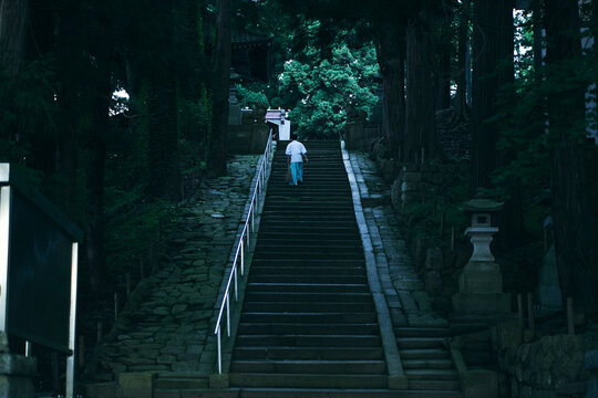 参道の掃除をする神主