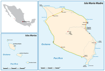Map of the Mexican archipelago of Marias Islands in the Pacific Ocean