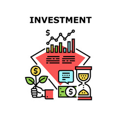 Investment Money Vector Icon Concept. Investment Money Businessman Investor, Economy Finance Growth And Savings Business. Researching Trade Market Infographic And Invest Color Illustration