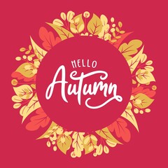 Obraz na płótnie Canvas Autumn Sale Promo Banner with Fall Foliage on Pink Background. Seasonal Shop Discount Offer with Red and Orange Leaves of Maple, Sale, Price Off Poster or Voucher Design. Cartoon Vector Illustration