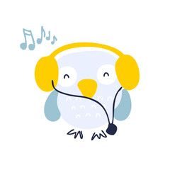 Hand drawn musical owl with headphones vector illustration. Design for T-shirt, textile and prints. 
