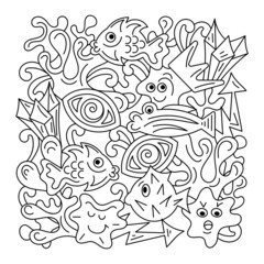Fototapeta premium Doodle coloring book. Hand drawn Underwater background. Page for coloring fishes, algae, sea, ocean, plants, corals,