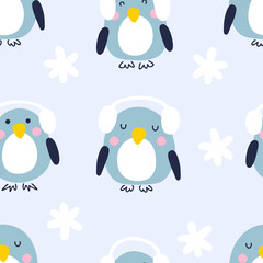 Cartoon style winter penguins in headsets seamless pattern. Perfect for T-shirt, textile and prints. Hand drawn vector illustration for decor and design.