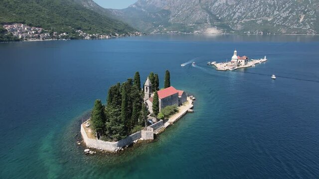 Drone Aerial View, Perast, Kotor Bay, Montenegro. Catholic Church and Monastery on Small Islands, Religious and Tourist Attraction