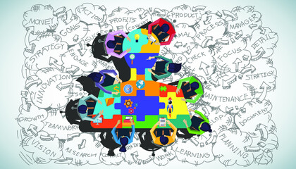 Obraz premium Businessman and woman brainstorm success with jigsaw human head, plan,think,search,analyze,communicate, futuristic idea innovation technology modern.vector