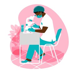 Chemist african scientist black woman in the laboratory conducts research.
A laboratory assistant in dressing gown, mask, gloves looks through a microscope. Science discovery concept. Pink background.