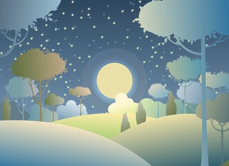 Silhouette night landscape. Big moon. Moonlight. Darkness. Cartoon style. Hills with grass and trees. Dark. Cool romantic pretty. Foliage. Flat design background illustration. Vector art