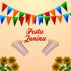 Festa junina brazilian event with popcorn bucket and colorful party flag