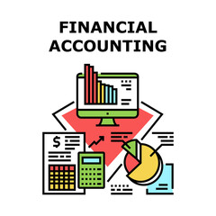 Financial Accounting Vector Icon Concept. Financial Accounting And Analyzing Annual Report. Researching Diagram And Infographic On Screen, Balance Sheet And Income Statement Color Illustration