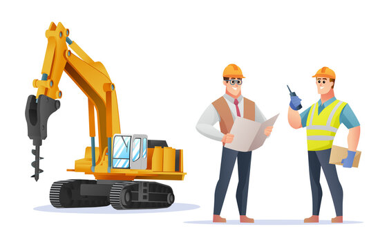 Construction foreman and engineer character with drill excavator illustration