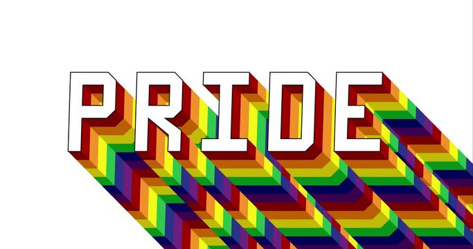 Pride text. 4k animated long layered multicolored shadow with the colors of a rainbow on black background.