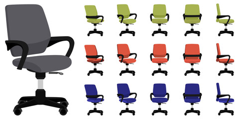 Colorful chair set with different poses isolated on white background