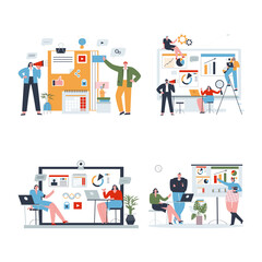 Naklejka na ściany i meble A set of illustrations of the concept of teamwork. Discussion and finding solutions. Teamwork. Flat vector illustration.