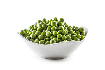 Fresh Green peas in white bowl isolated on white background
