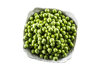Fresh Green peas in white bowl isolated on white background