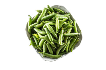 Fresh Green pea pods in white bowl isolated on white background