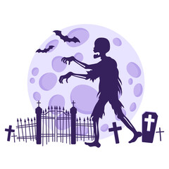 Silhouette of a zombie in a cemetery against the background of a full moon and bats.