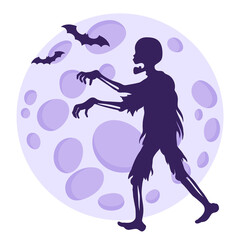 Silhouette of a zombie on the background of the full moon and bats.