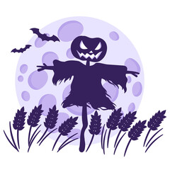 Silhouette of a Halloween scarecrow in a wheat field against the background of a full moon and bats.