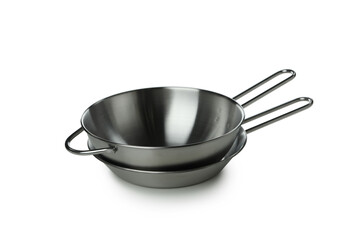 Metal pan with saucepan isolated on white background
