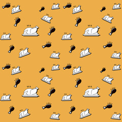 chicken icon with roasted chicken and leg icon in seamless pattern,yellow background