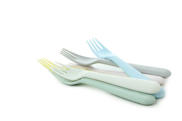 Colorful plastic forks isolated on white background